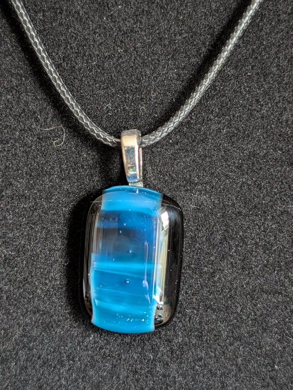 Black Cord Seascape Blues Dichroic Fused Glass Pendant Necklace Handmade in UK