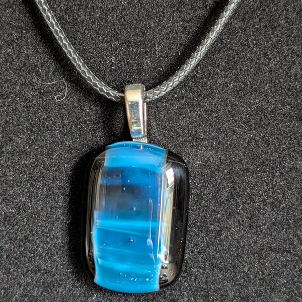 Black Cord Seascape Blues Dichroic Fused Glass Pendant Necklace Handmade in UK
