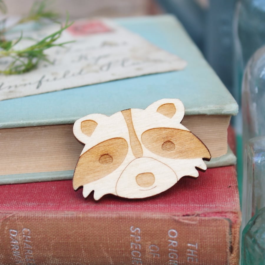 Wooden Racoon Brooch