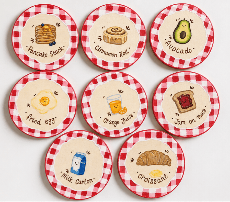The Cosy Breakfast Club - Original Hand-Painted Wooden Coaster Set