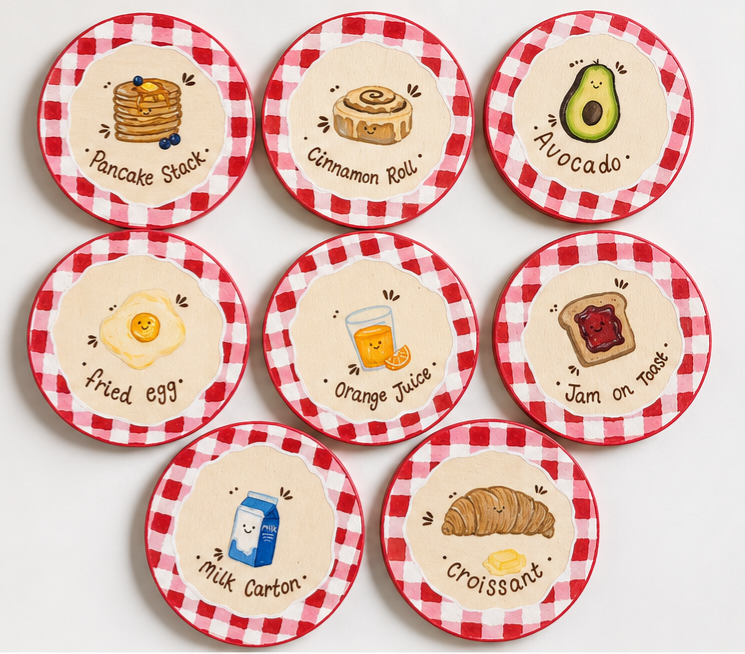 The Cosy Breakfast Club - Original Hand-Painted Wooden Coaster Set