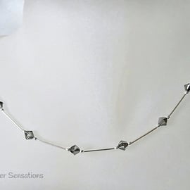 Silvery Grey Black Swarovski Crystals & Sterling Silver Tubes Designer Necklace