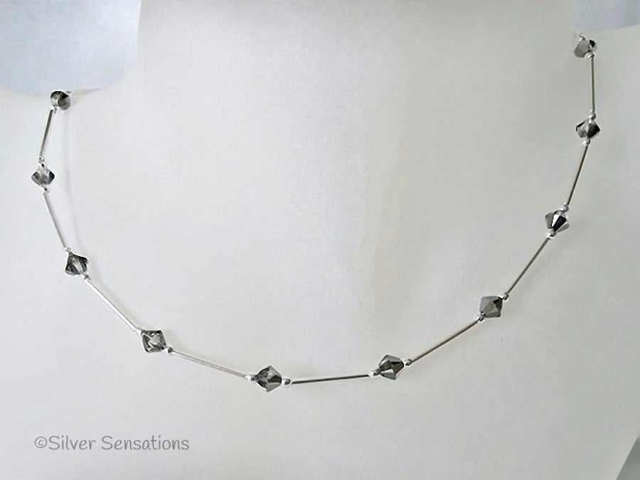 Silvery Grey Black Swarovski Crystals & Sterling Silver Tubes Designer Necklace