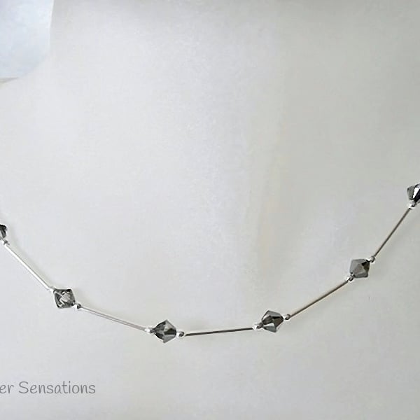 Silvery Grey Black Swarovski Crystals & Sterling Silver Tubes Designer Necklace