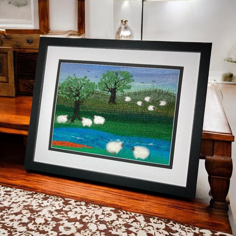 Textile picture, needle felted, Sheep by the river ,8" x 10" mounted or framed