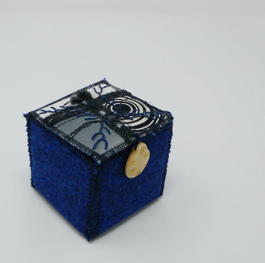 Harris Tweed fabric box with textile art lid