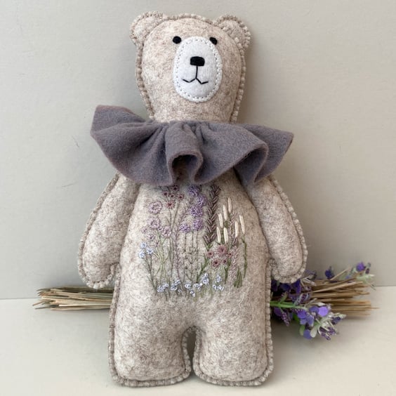 Teddy bear wall decor, hand sewn animal doll, hanging embroidered bear