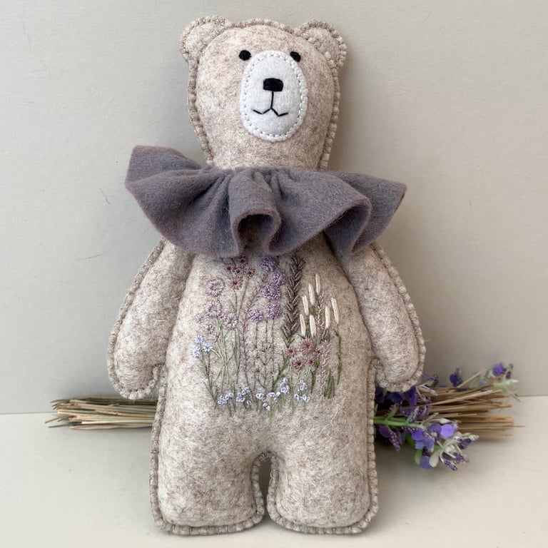 Teddy bear wall decor, hand sewn animal doll, hanging embroidered bear