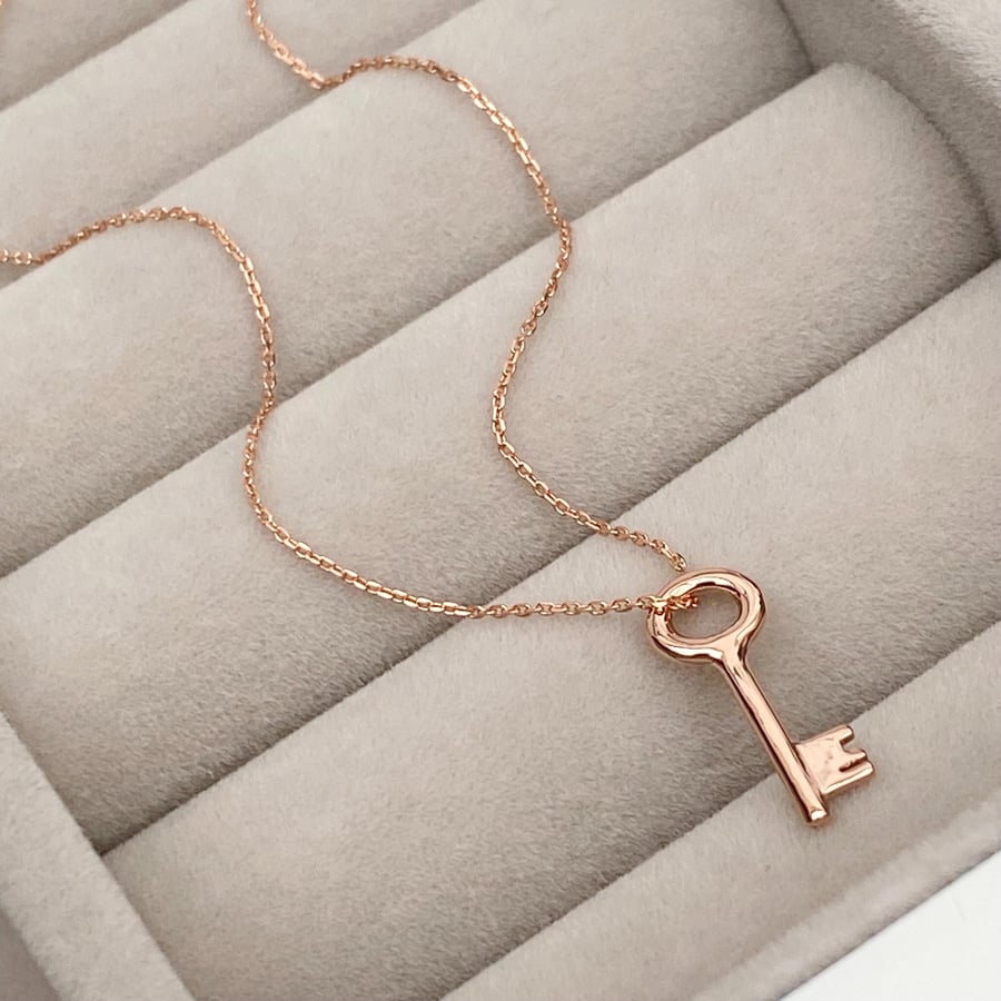 9ct solid rose gold small and dainty key charm pendant and chain