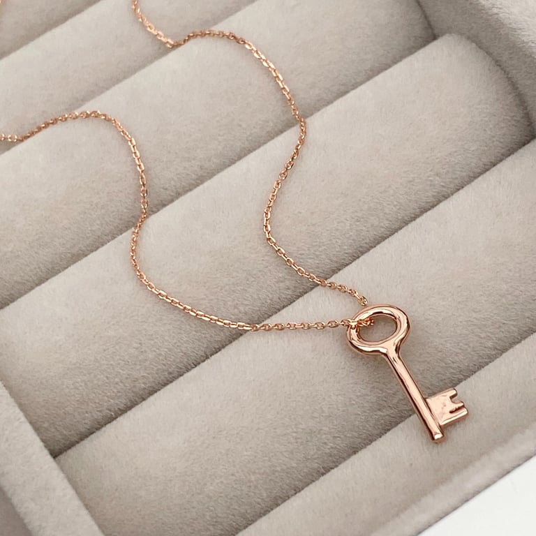 9ct solid rose gold small and dainty key charm pendant and chain