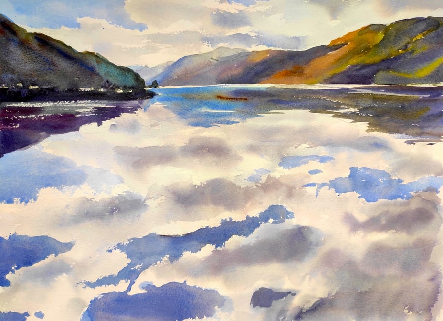Printable watercolour landscape, Isle of Skye view,Scottish Highlands reflection