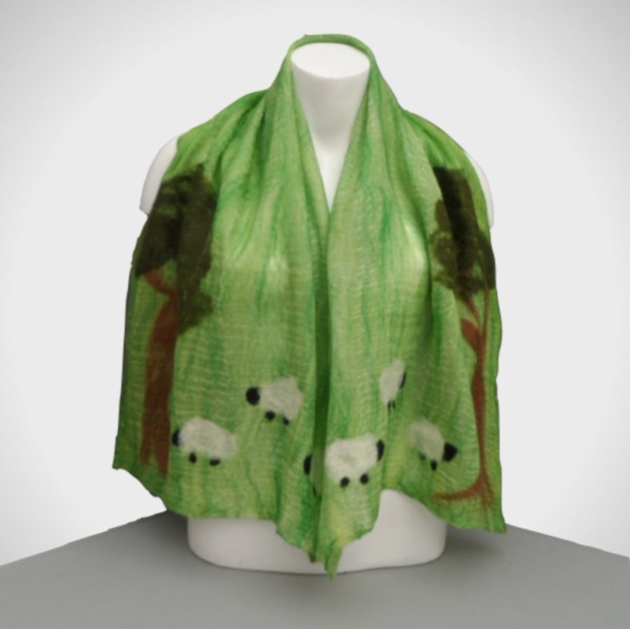 Scarf. gift boxed, nuno felted green with sheep decoration 
