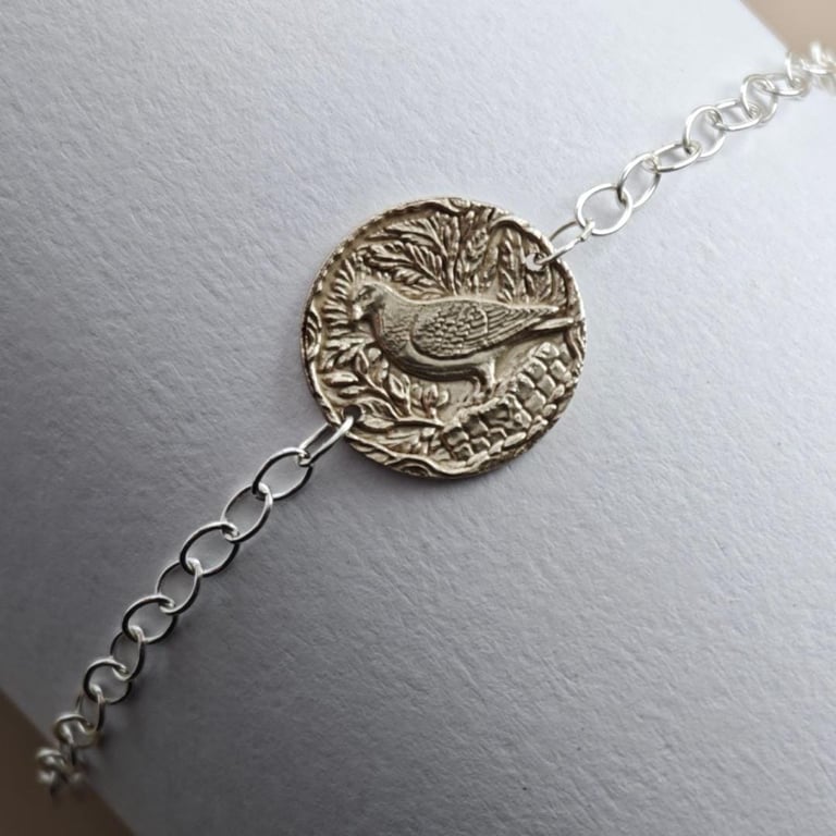 Pigeon Engraved Sterling Silver Coin Bracelet