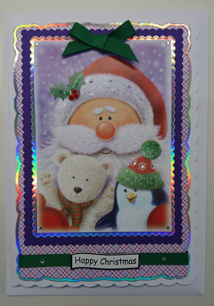 Handmade Christmas Card Santa with Teddy Bear and Penguin and Holly
