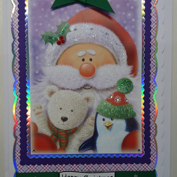 Handmade Christmas Card Santa with Teddy Bear and Penguin and Holly