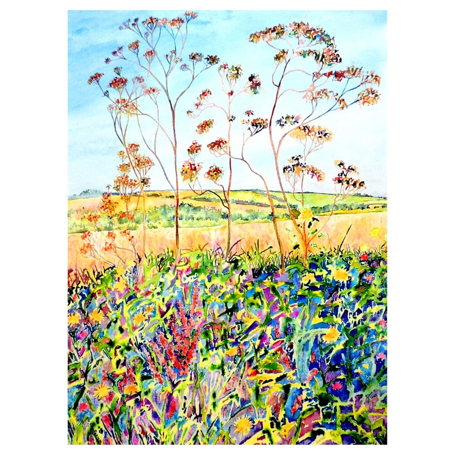 Fen Landscape Watercolour Painting Fields  and Flowers