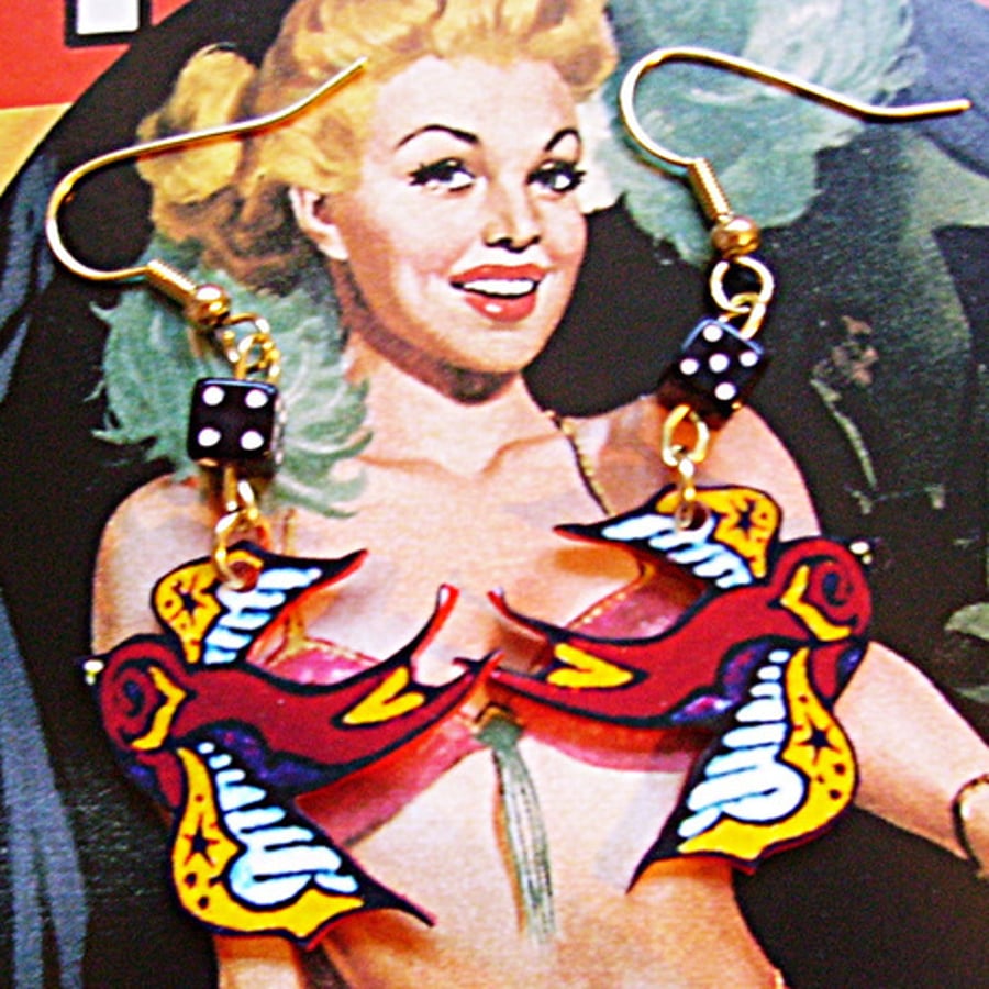 traditional rockabilly tattoo swallows earrings
