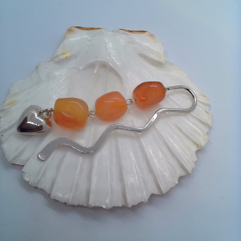 Red Carnelian Beaded Bookmark with Puffed Silver Heart Charm, Gift for Her