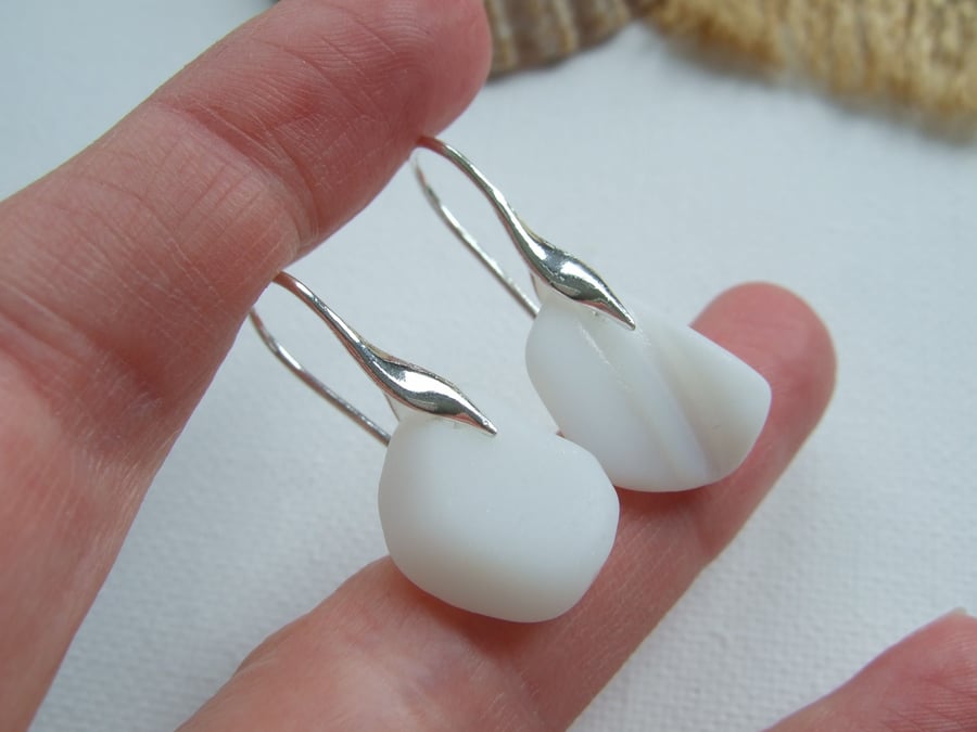 White Seaham milk sea glass earring, white jadeite sea glass earrings, sterling