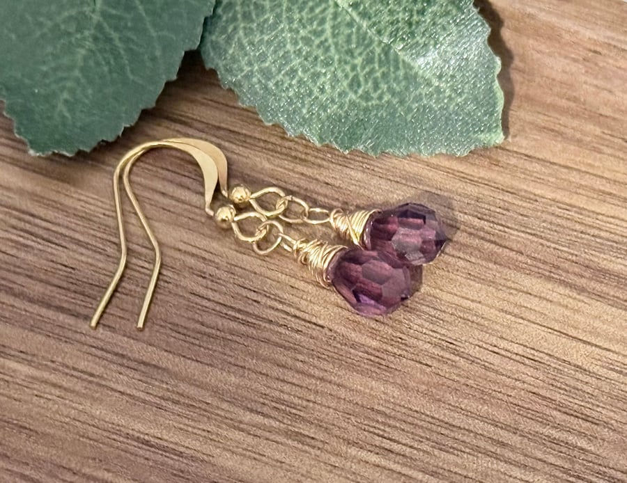 Deep purple faceted Czech crystal teardrop earrings