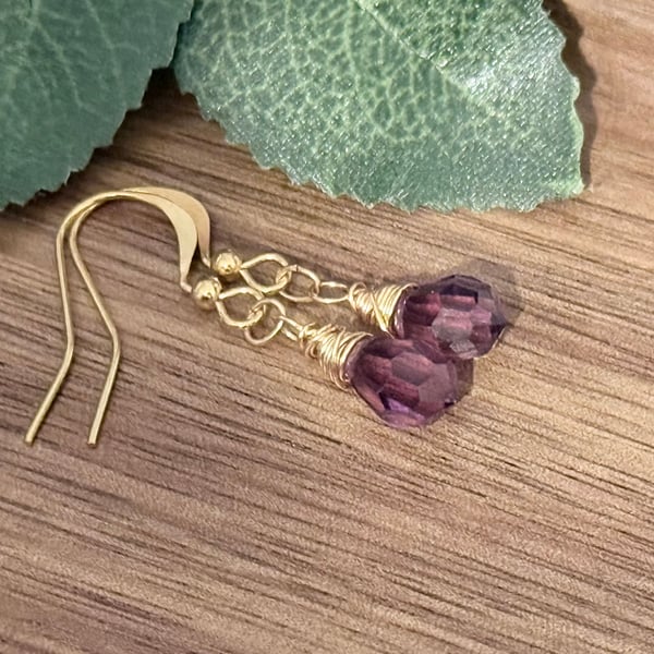 Deep purple faceted Czech crystal teardrop earrings