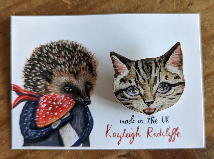 RESERVED FOR ALEX B- Tabby cat wooden brooch