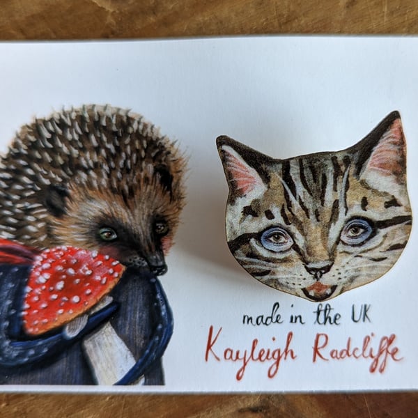 RESERVED FOR ALEX B- Tabby cat wooden brooch