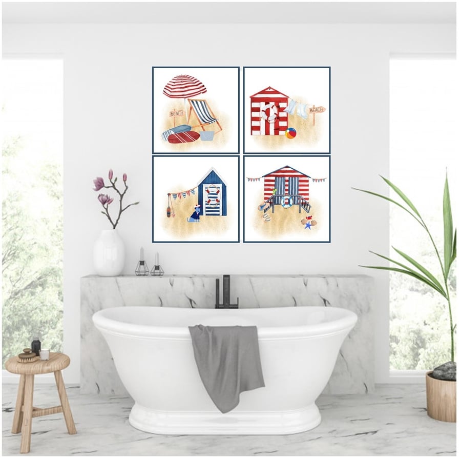 Set of 4 Beach Life themed watercolour wall art prints