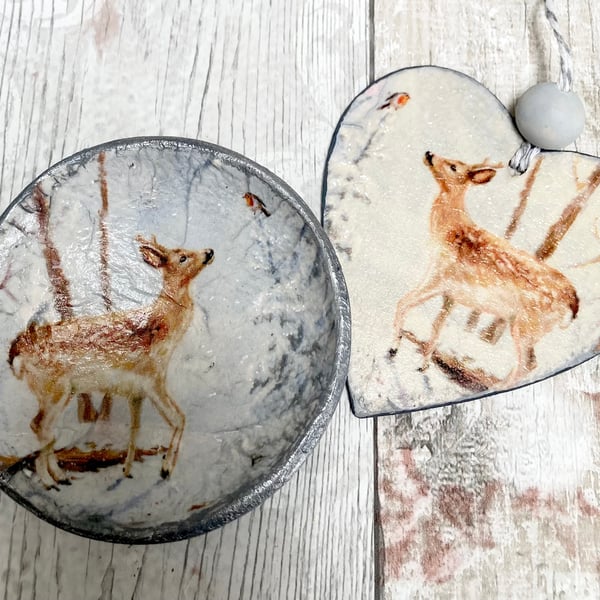 Reindeer & Robin Handmade Christmas Trinket Dish & Hanging Heart Decoration
