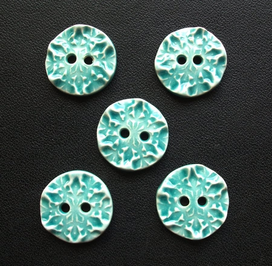 Set of five small ceramic snowflake buttons Christmas