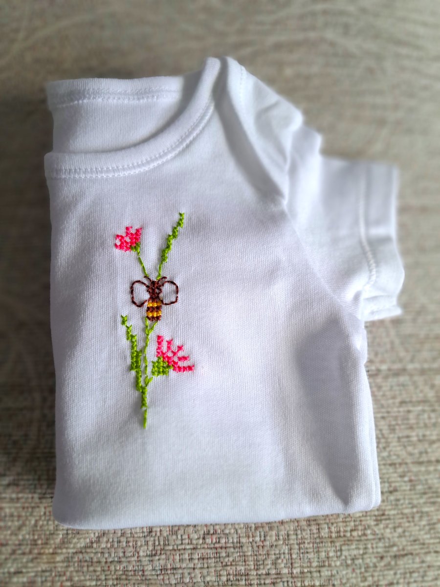 Baby vest, age 0-3 months,  bee, hand embroidered