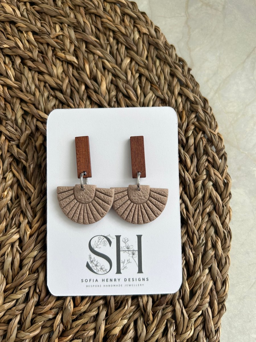 Boho Statement Jewellery - Taupe Fan-Shaped Polymer Clay Earrings 