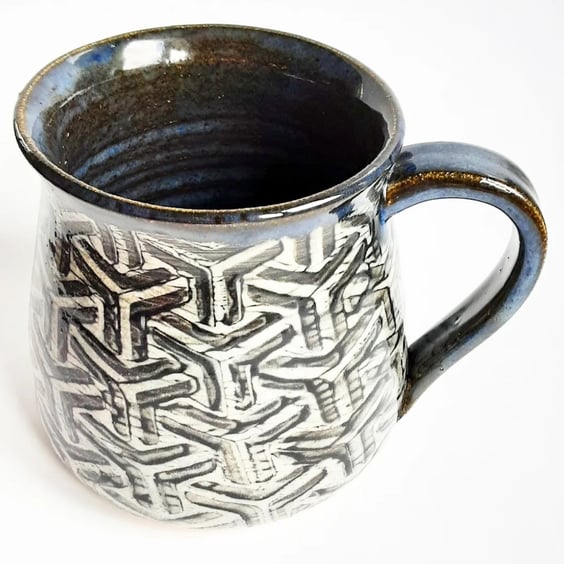 Large Blue Patterned Glazed Mug - Hand Thrown Stoneware Ceramic Mug 