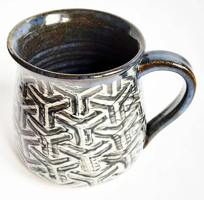 Large Blue Patterned Glazed Mug - Hand Thrown Stoneware Ceramic Mug 