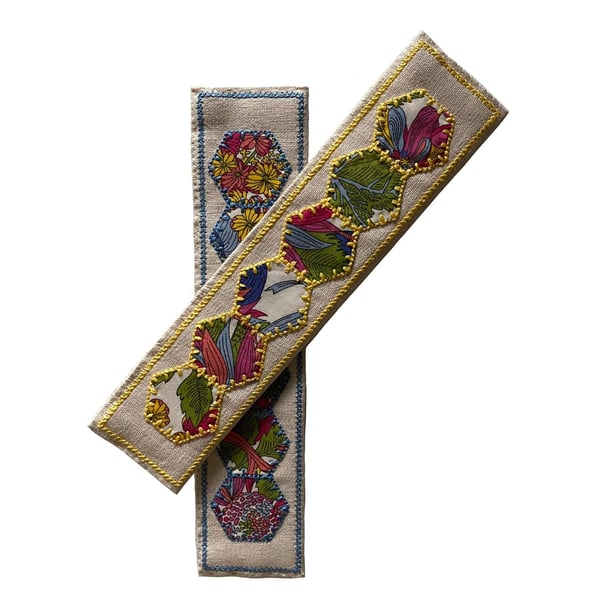 Linen Hexies Bookmark: Liberty Print Textile, Cross Stitch Border