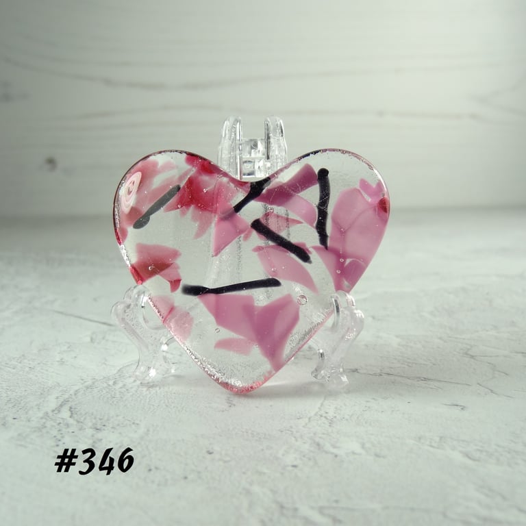 Pink and black fused glass heart pocket hug with stand 5x4.5cm handcrafted (346)