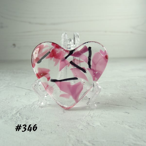 Pink and black fused glass heart pocket hug with stand 5x4.5cm handcrafted (346)