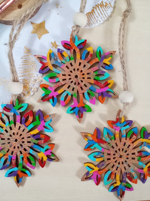 Wooden rainbow hand painted snowflake set of 6 Christmas tree decorations