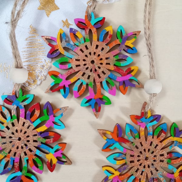 Wooden rainbow hand painted snowflake set of 6 Christmas tree decorations