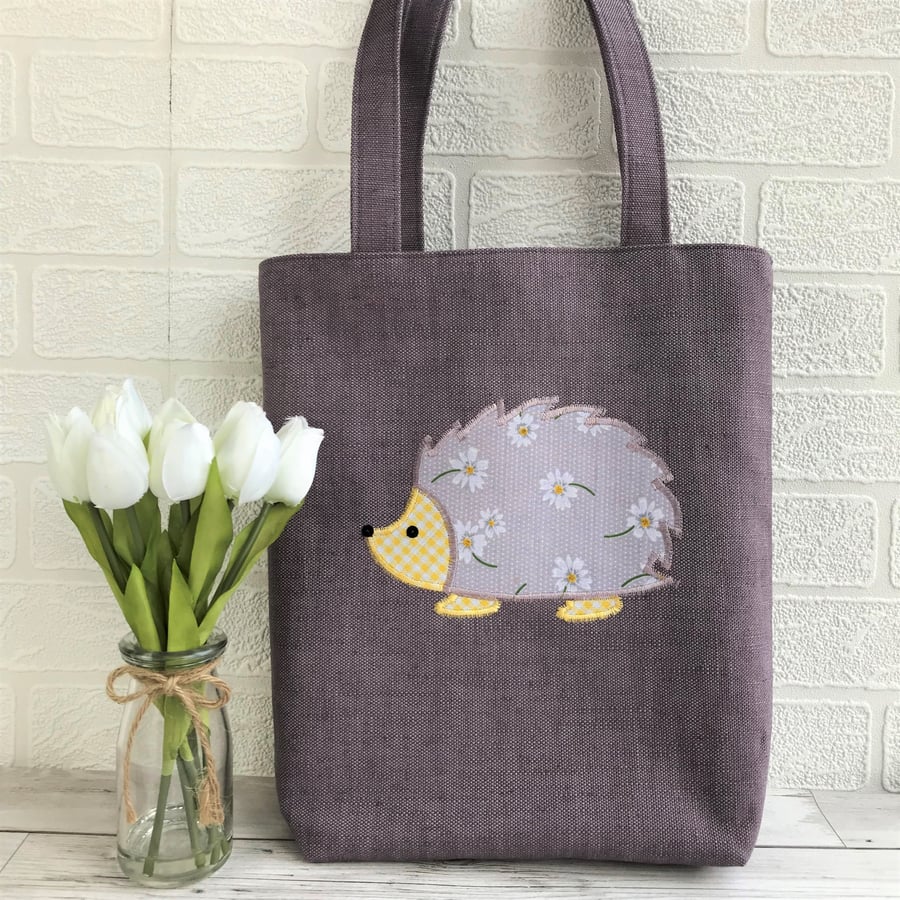 Lilac hedgehog tote bag with lilac daisy patterned hedgehog