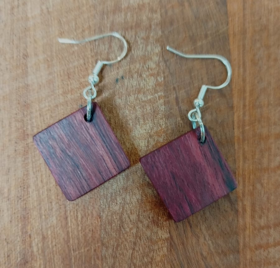 Handmade Wooden Earrings - Geometric Squares in Purpleheart