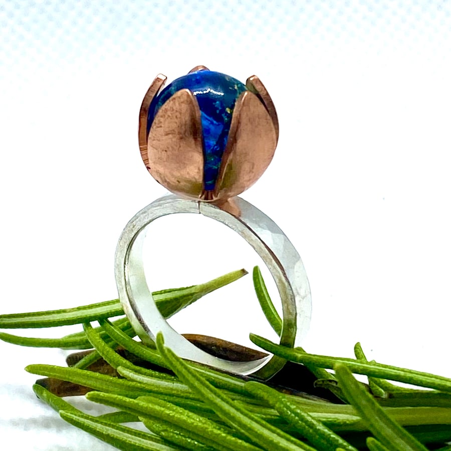 Sold out Blue Berries Silver Copper Flower Ring  size K or L