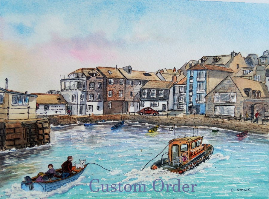 Custom order for Julie. Falmouth watercolour painting, Holiday Memories. 