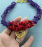 Chunky Amethyst & Red Coral Gold Filigree Heart Gemstone Chip Choker Necklace - Image 4