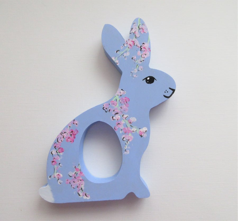 Easter Bunny Chocolate Egg Holder Wooden Hand Painted Cherry Blossom Spring