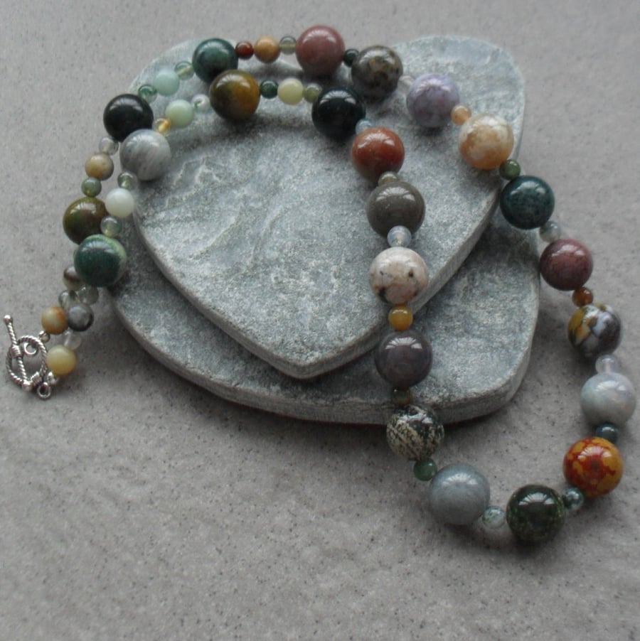 Ocean Jasper Moss Agate and Amazonite semi Precious Gemstone Beaded Necklace