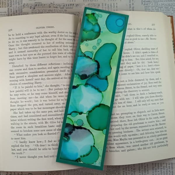 Green alcohol inks laminated bookmark