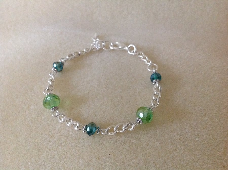 Lime and dark green crystal silver chain bracelet.
