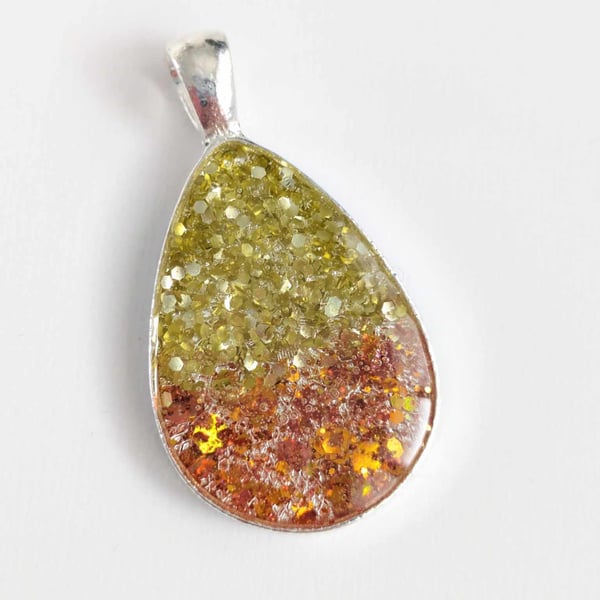 Teardrop Resin Pendant With Gold & Copper Glitter