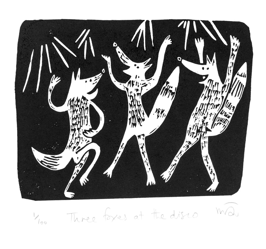 Three foxes at the disco - lino cut print